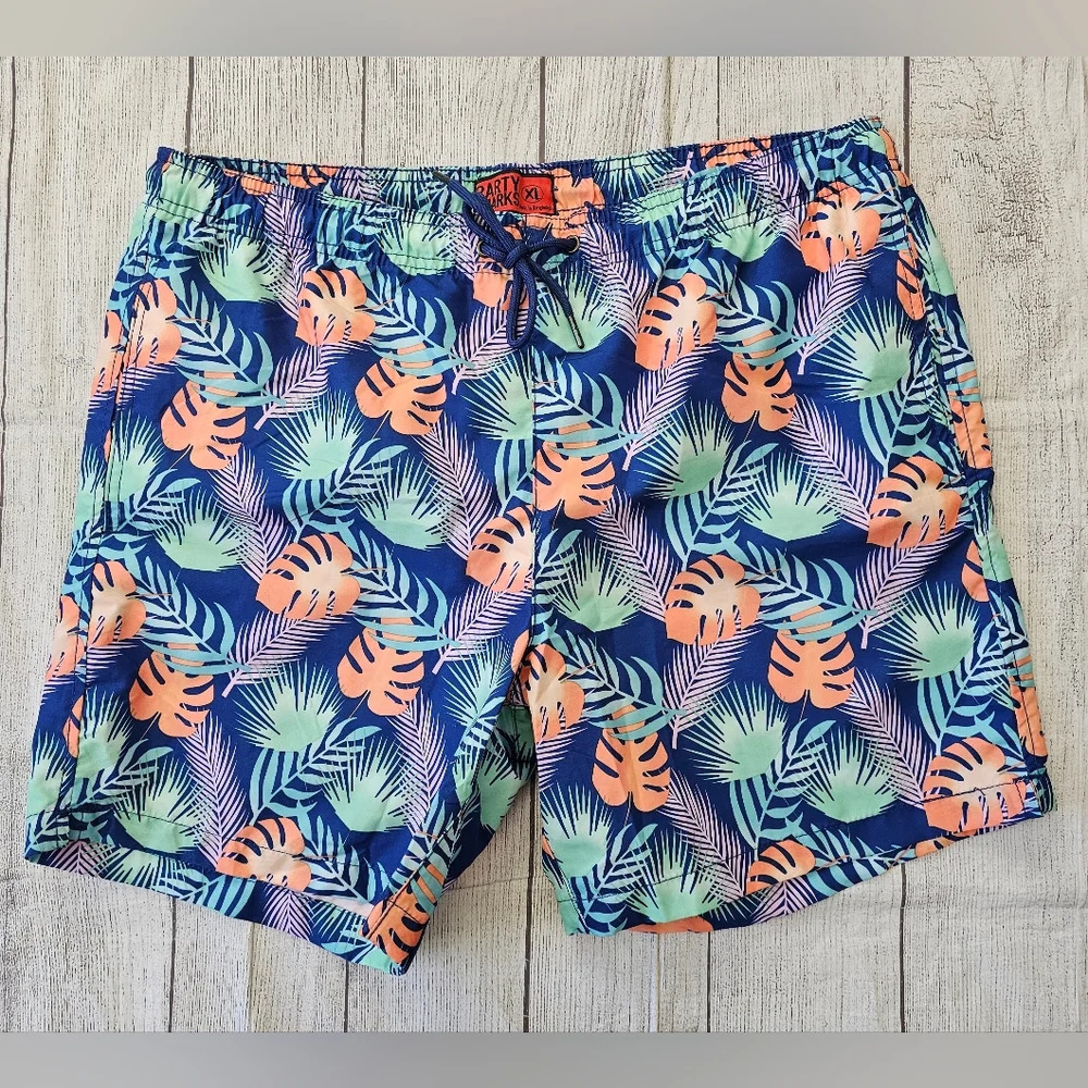 Party Shark’s •Men’s Size XL• Swim Shorts Lined Pockets Pull On Tropical Print